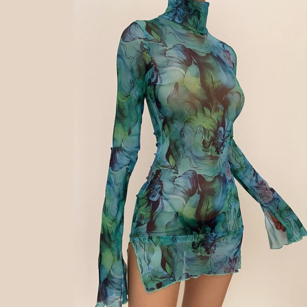 Sheer mesh see through print high neck slit long sleeve mini dress